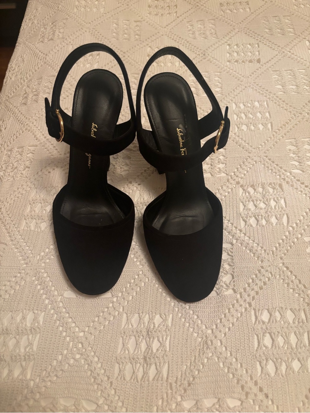 Salvatore Ferragamo Black Suede Slingback Heels with Gold Buckle